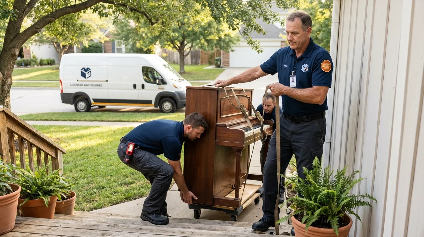 Licensed piano movers securing grand piano in Montrose, MN