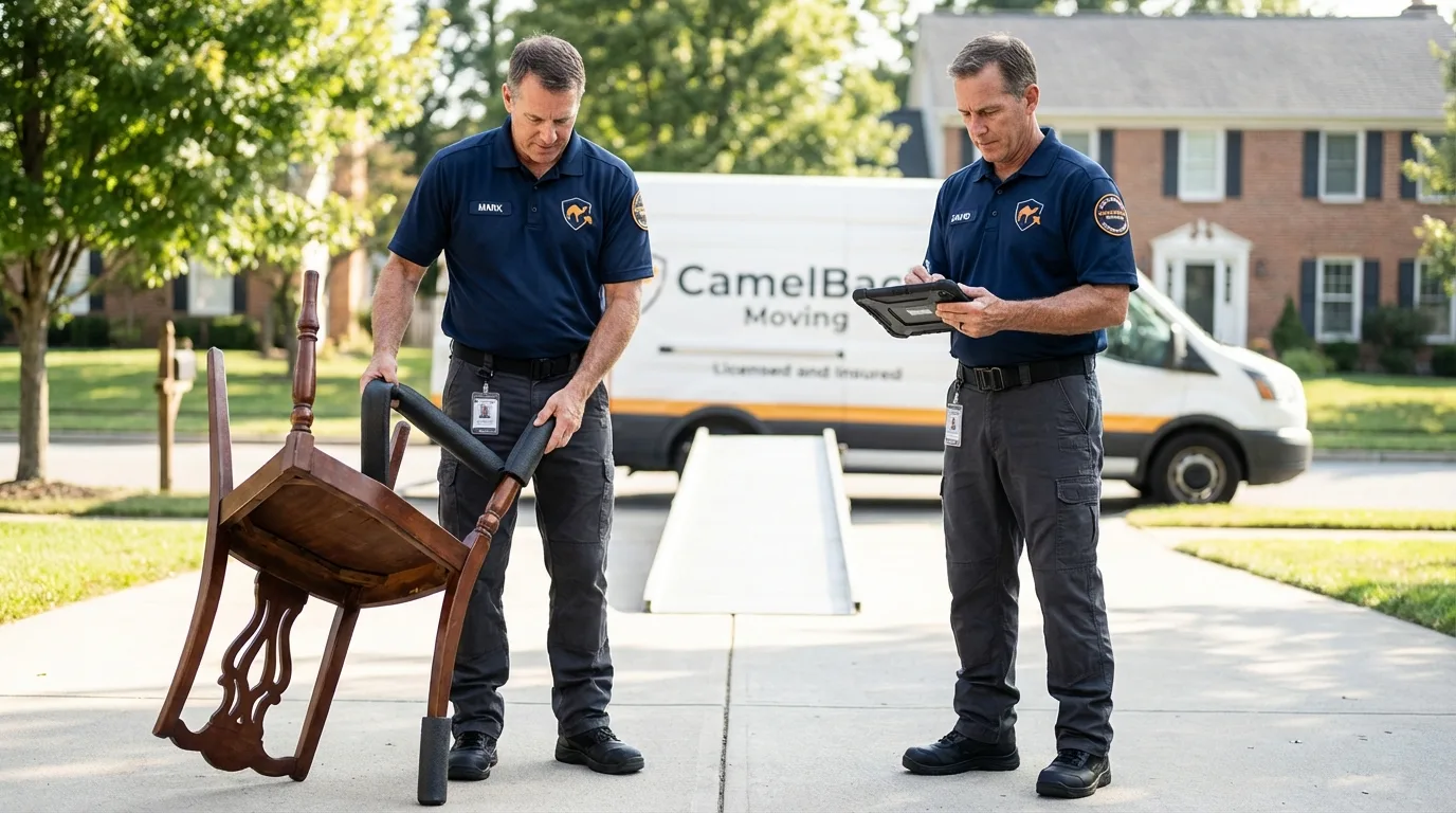 Movers inspecting furniture for damage prevention before loading in Montrose, MN