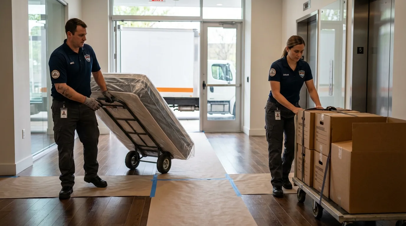Professional apartment movers loading elevator in Montrose, MN