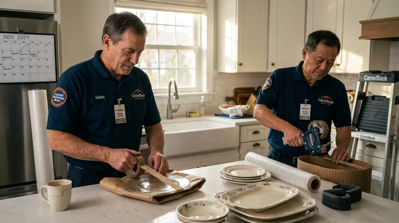 Professional crew packing kitchen dishware in Montrose, MN
